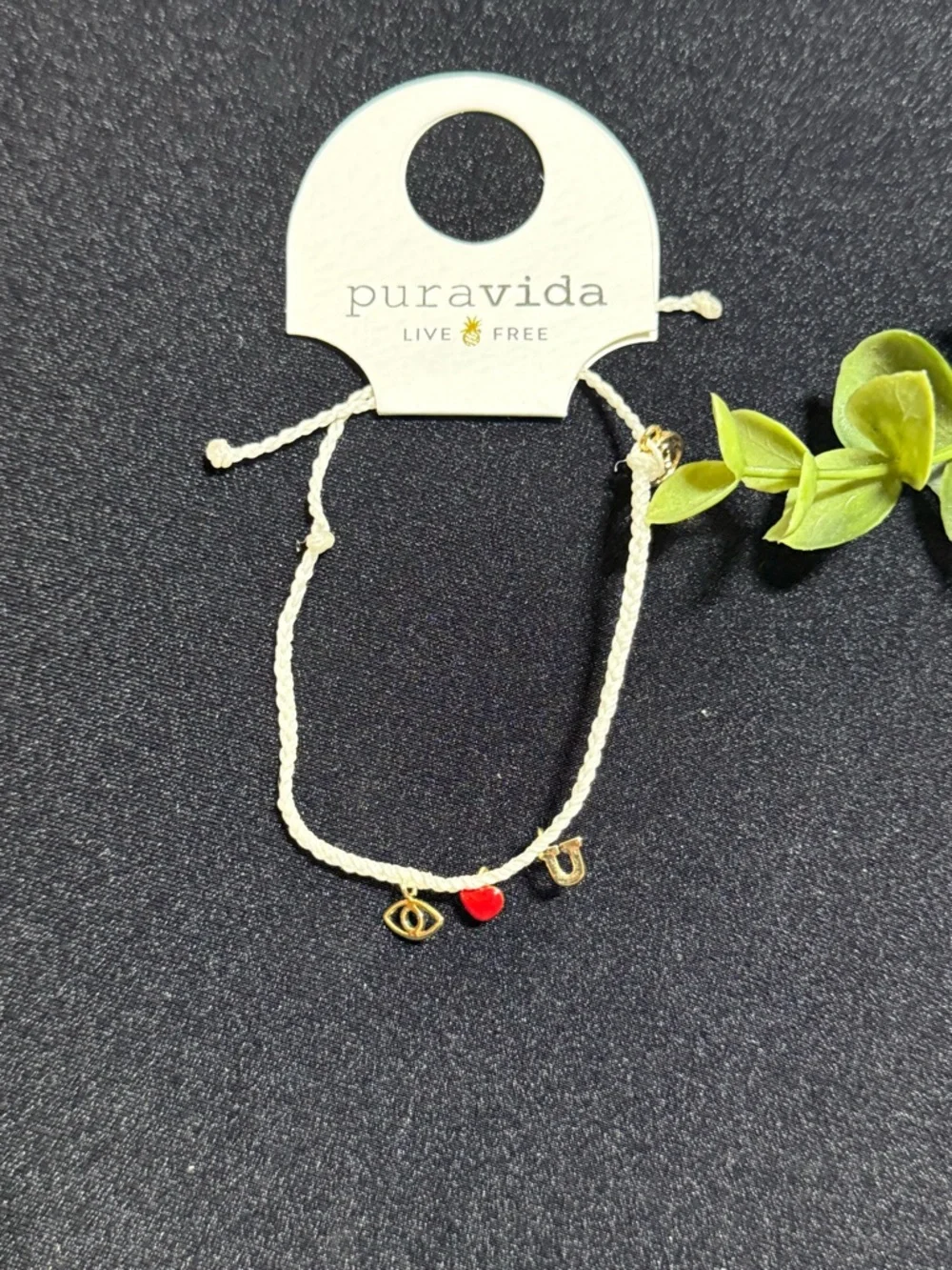 Pura Vida White Braided Bracelet with‎ Red Heart and Gold Charms